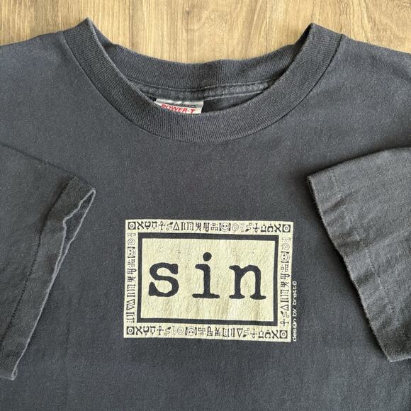 Vintage 1990s Sin T-Shirt Size L Black Faded Art Box Logo RARE M/L - Picture 1 of 6